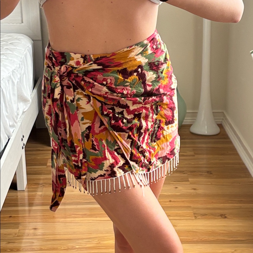 Zara Multicolor Patterned Fringe Wrap Skirt